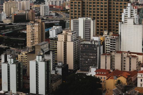 Free Aerial view showcasing the dense highrise buildings in São Paulo's vibrant urban landscape. Stock Photo