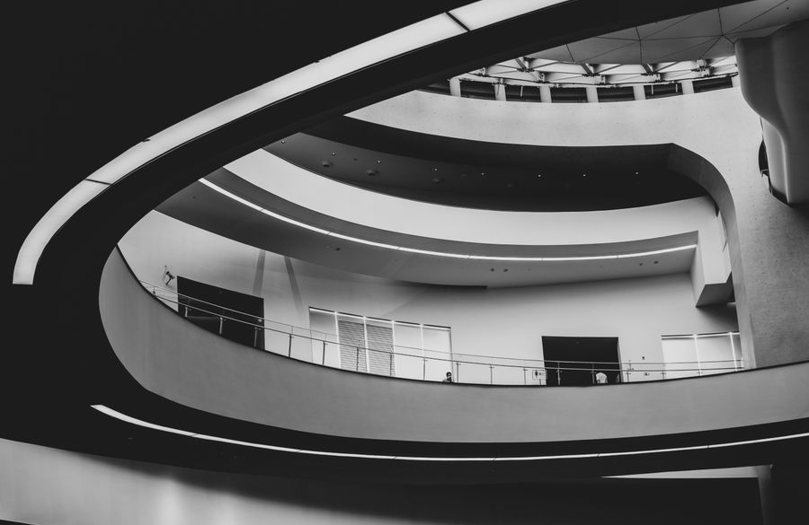 Black and white minimal interior showing curves and spatial flow