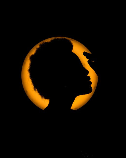 Artistic silhouette of a person with a vibrant orange sun backdrop, creating a dramatic contrast.