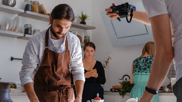 Chef in a kitchen setting preparing a dish while being photographed for a culinary shoot.
