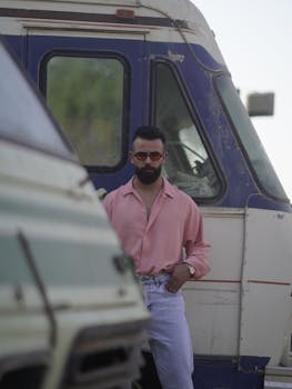 Man in pink shirt poses confidently beside vintage vehicles outdoors.
