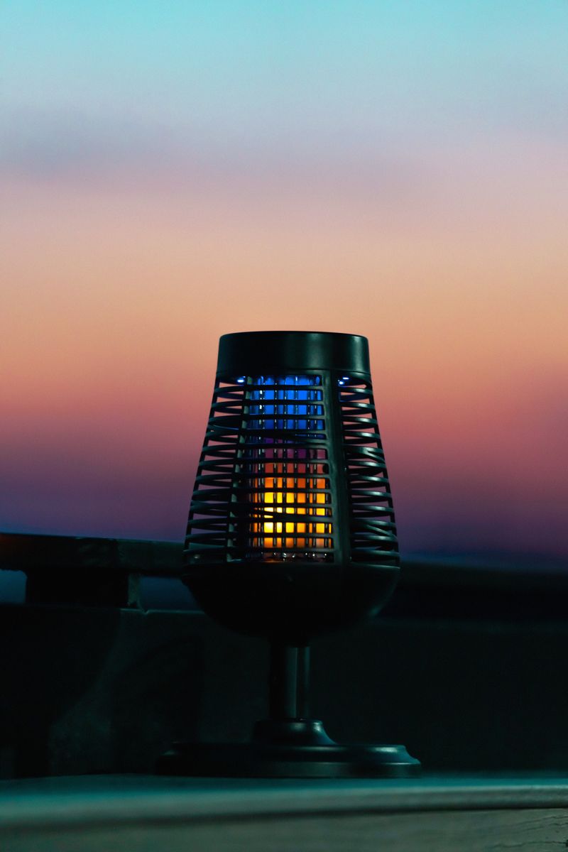 Glowing outdoor insect trap lantern at dusk
