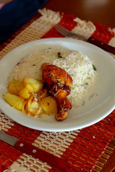 A delicious chicken leg with potatoes served on a bed of rice.