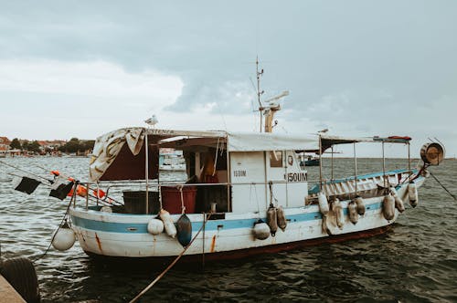 Blue and White Fishing Boat on Sea