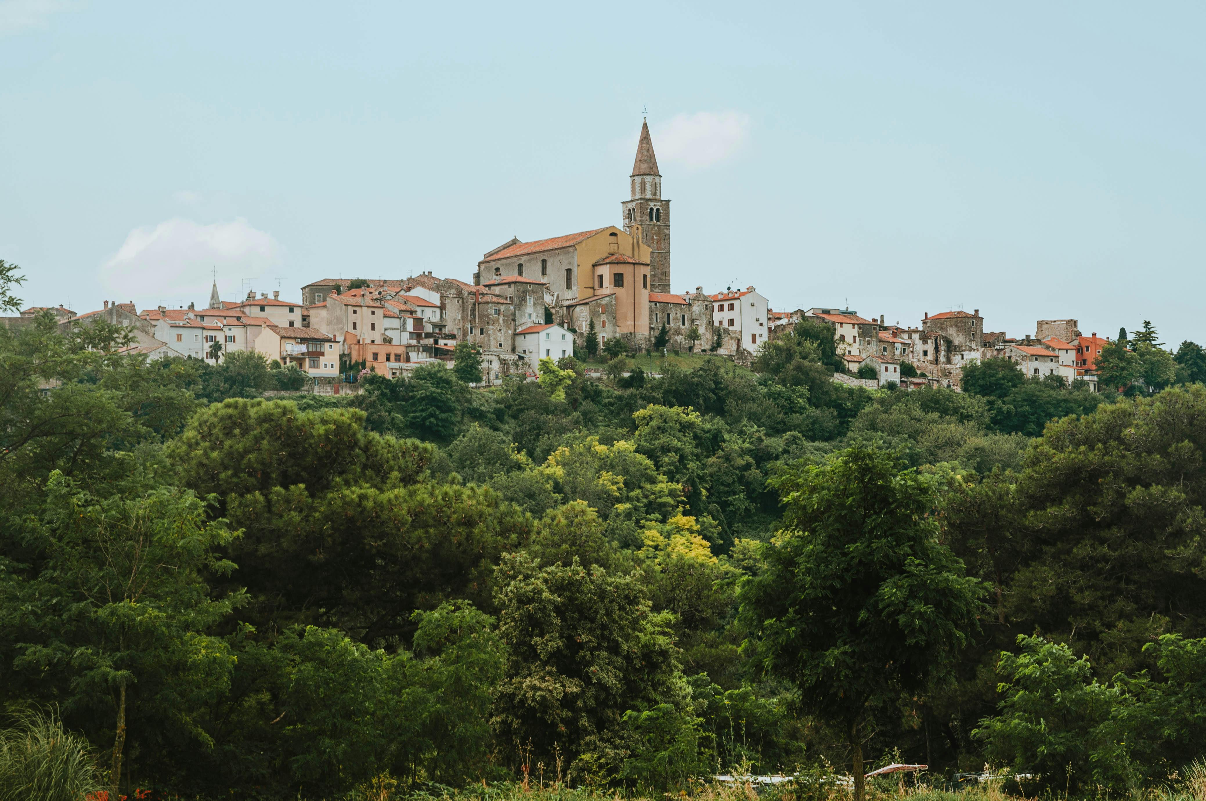 Grožnjan hilltop village at golden hour with terracotta rooftops, medieval stone buildings, and artists painting on narrow cobblestone streets in Istria, Croatia