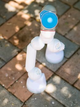 Photo of a sophisticated robotic arm positioned on paving stones, capturing modern innovation.
