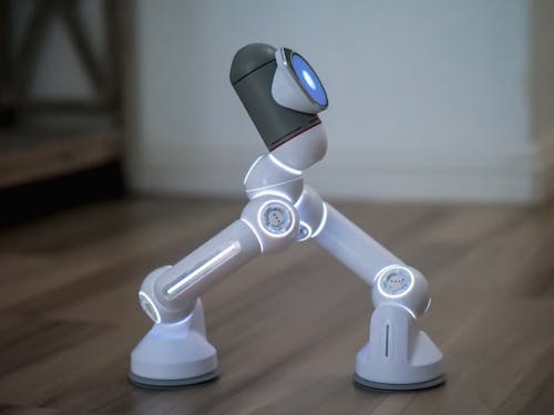 White and Gray Robot Walking on Wooden Surface