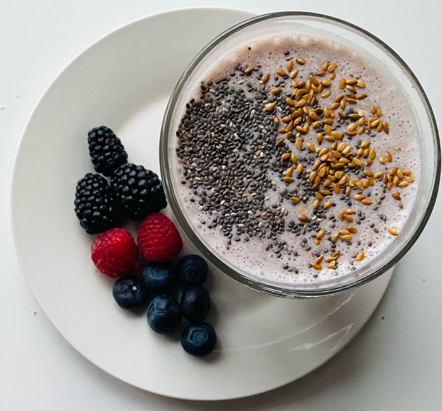 Close-up smoothie bowl with chia seeds and berries