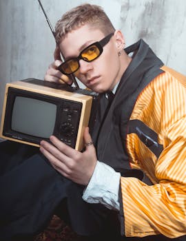 A stylish man with vintage sunglasses and an old portable TV set in Saint Petersburg.