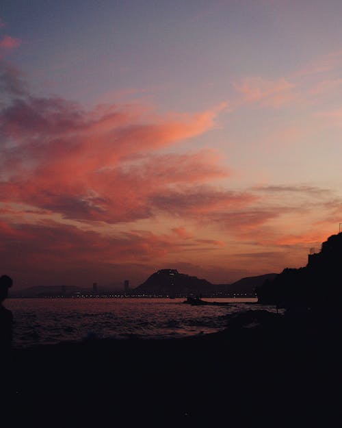 Silhouette of Mountain Near Body of Water during Sunset