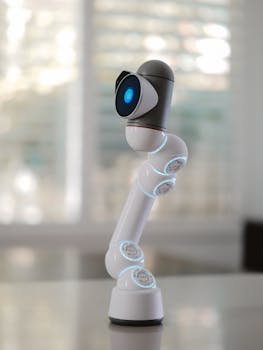 Close-up of a high-tech robotic arm featuring illuminated joints, ideal for tech and innovation themes.