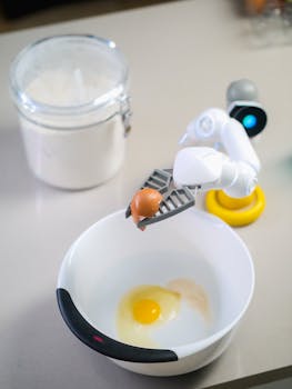 Futuristic robotic arm with egg over bowl prepares ingredients in modern kitchen.