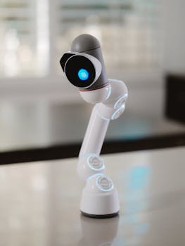 Close-up of a sleek humanoid robot showcasing advanced technology in a modern environment.