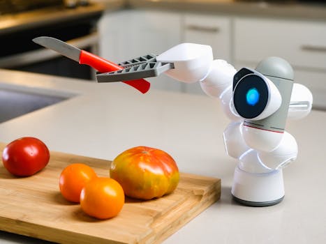 Innovative robot using a knife on a wooden board with various tomatoes in a modern kitchen setting.