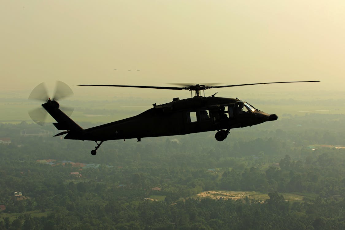 Free Green Leaved Trees Under Black Helicopter Stock Photo