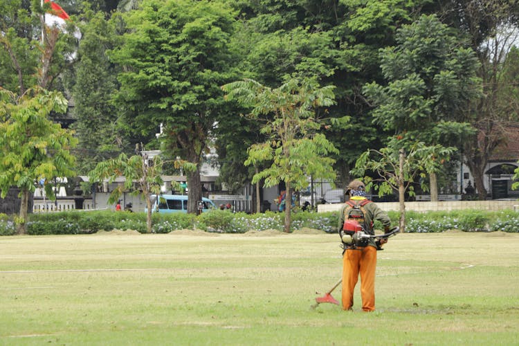 A Man Cutting The Grass Using A Lawn Mower