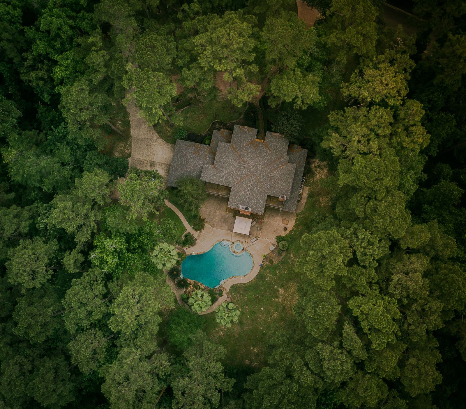 Aerial view of a home and pool among mature trees