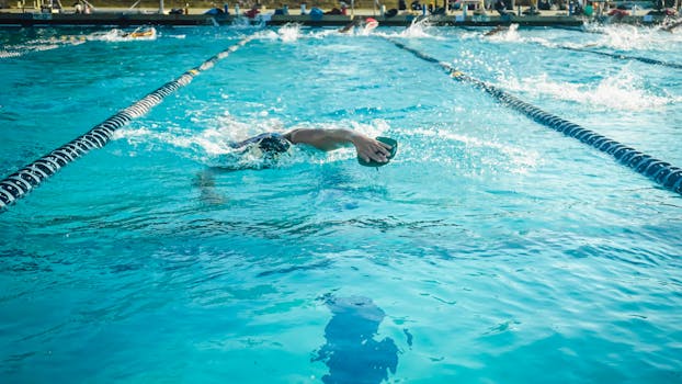 An adult swimmer practicing freestyle in an outdoor Olympic-size pool.