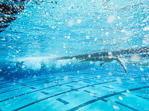 Free An athlete swimming underwater in a pool, showcasing freestyle stroke and fitness training. Stock Photo