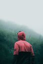 Person in Pink Hoodie Standing on Green Grass Field during Foggy Weather