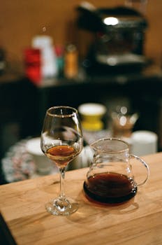 A stylish setup with a glass of beverage and a carafe on a wooden table in a cozy bar setting.