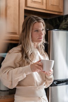 A young woman stands in her kitchen enjoying a cup of coffee, creating a cozy indoor scene.