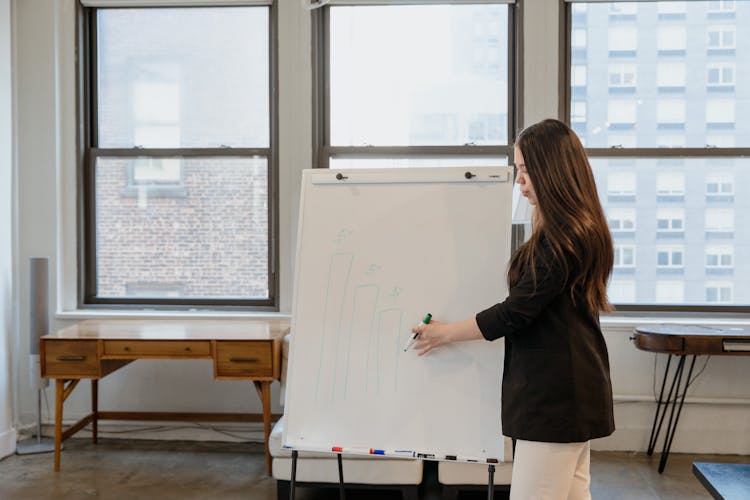 A Woman In Black Blazer Writing On A White Board