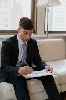 A well-dressed business professional analyzing documents on a clipboard while seated indoors.