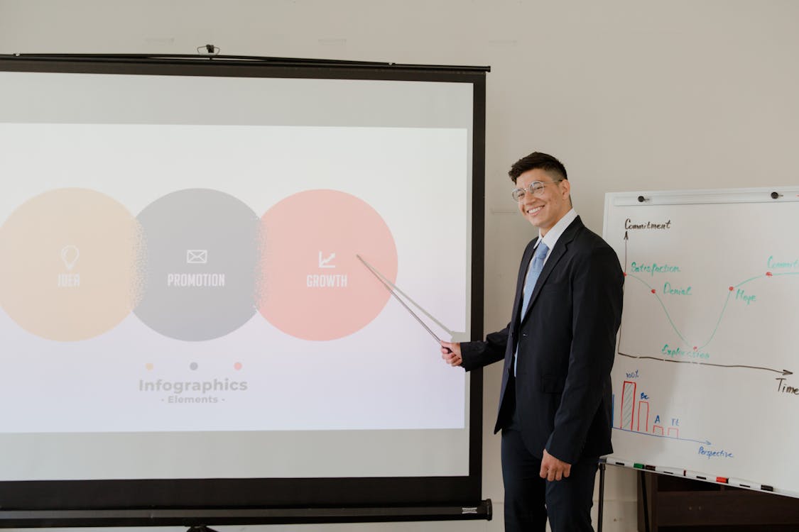 Free Man in Black Suit Standing in Front of Projector Screen Stock Photo