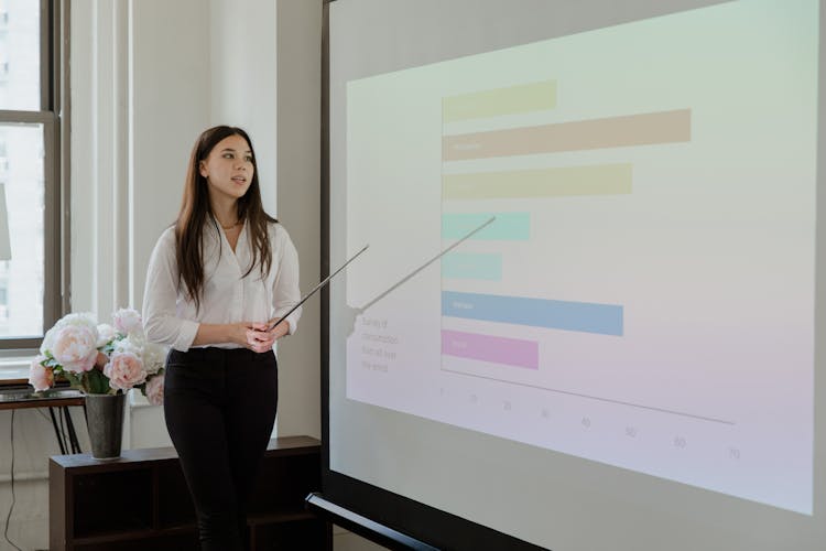 A Woman In White Long Sleeves Talking While Looking At The Projector Screen