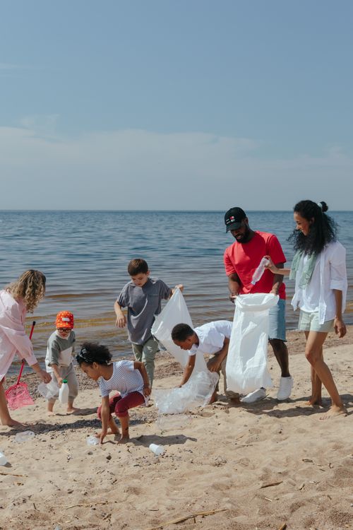 Free Diverse group of families clean a beach, promoting community and environmental awareness. Stock Photo