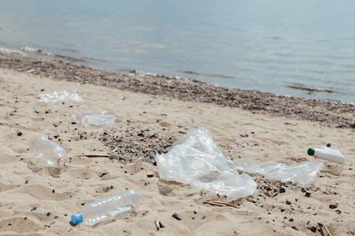 Clear Plastic Bottle on White Sand Near Body of Water