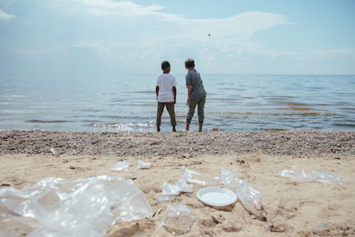 Free Boys on Beach Looking at Sea Stock Photo