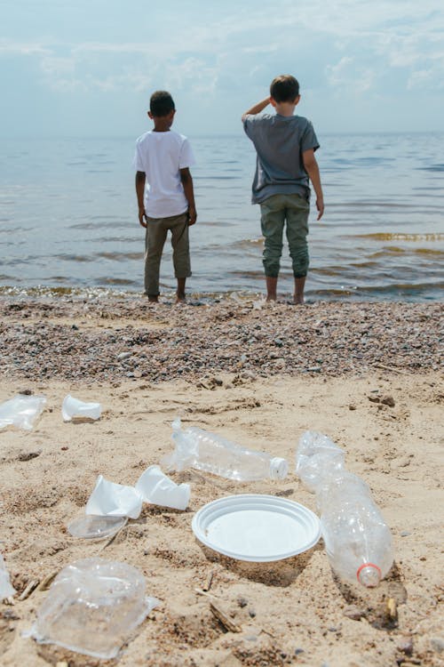 Free Boys on Beach Looking at Sea Stock Photo