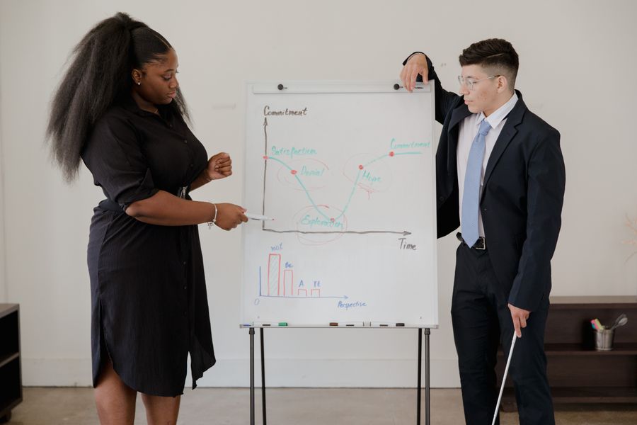 Two professionals discussing a business graph during a meeting