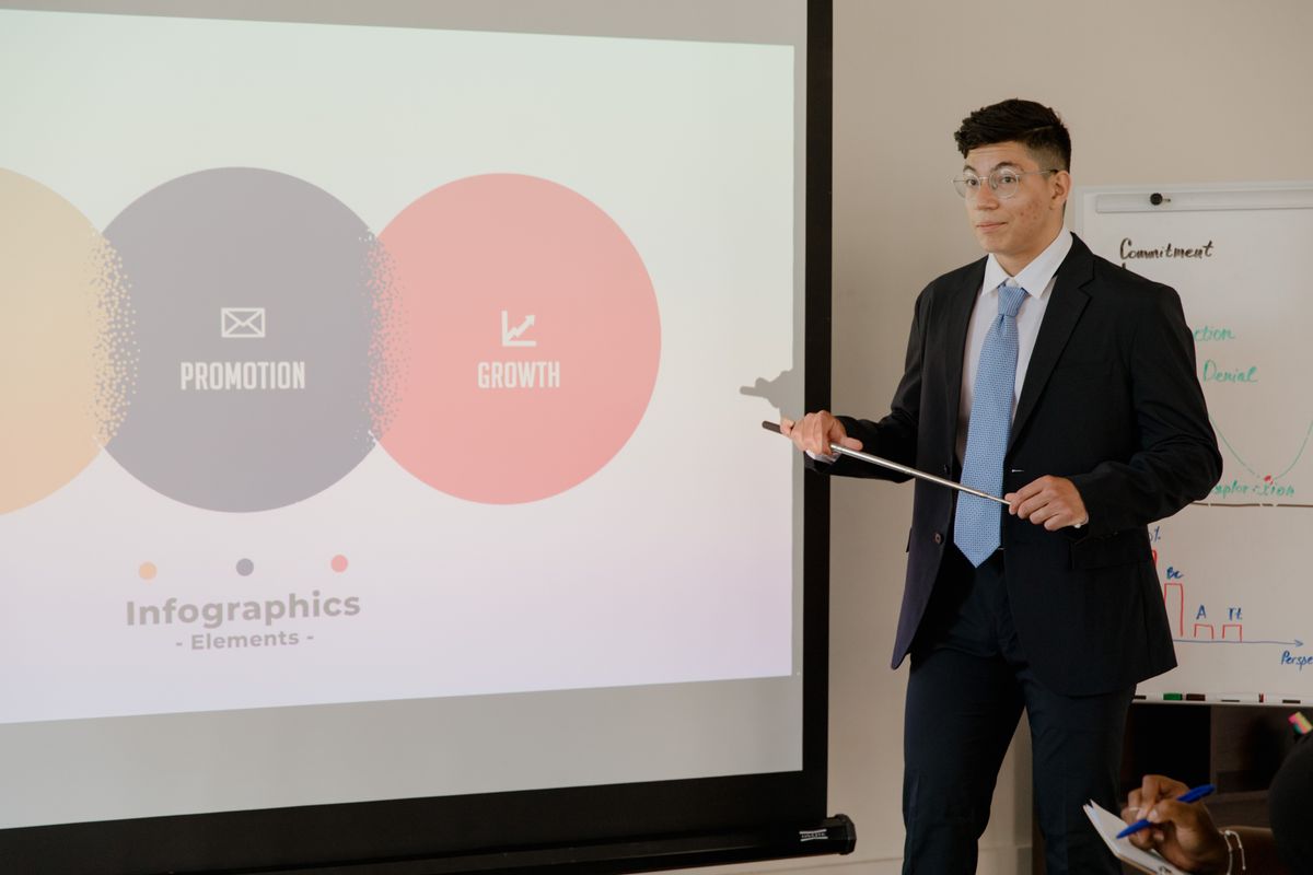 A confident professional presenting growth infographics to colleagues during a meeting