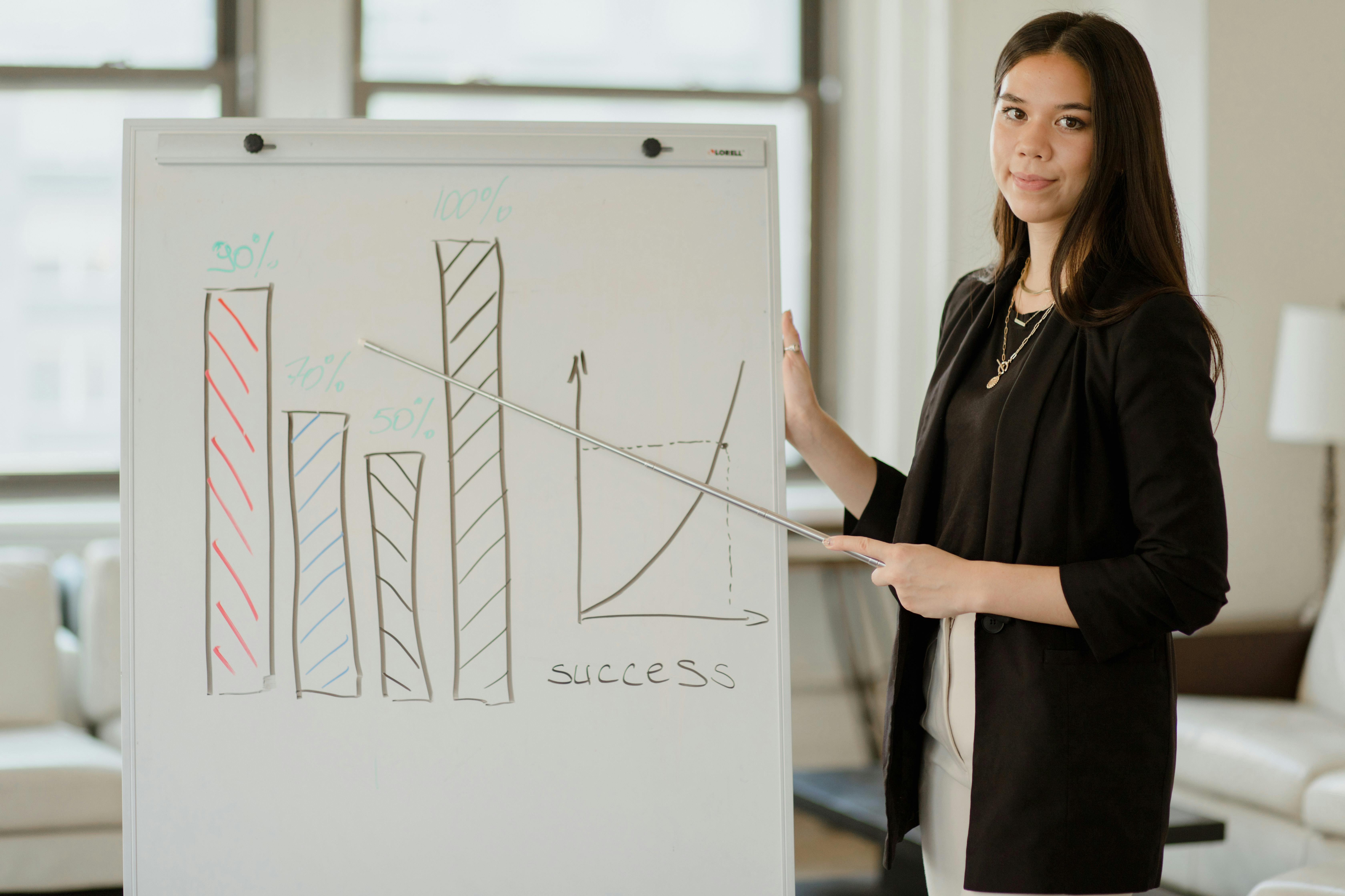 a woman pointing a metal stick on whiteboard