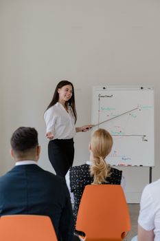 Professional meeting with a woman presenting graph insights to colleagues.