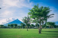 在郁郁葱葱的绿色田野和晴朗天空的映衬下，捕捉马荣火山的宁静之美