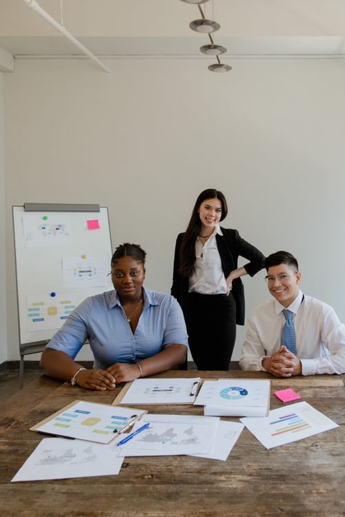 Free A multicultural team engaged in a corporate meeting with charts and diagrams on display. Stock Photo