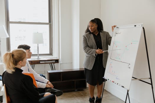A professional woman leads a presentation in an office conference room, fostering workplace diversity.