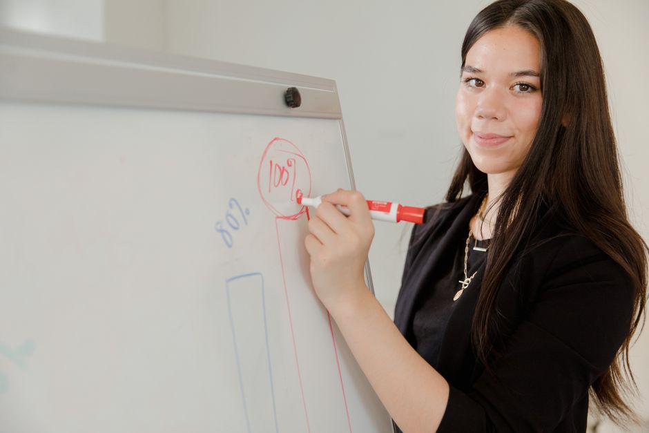 innovative training methods for employee upskilling - Confident businesswoman presenting data on a whiteboard in a modern office setting.