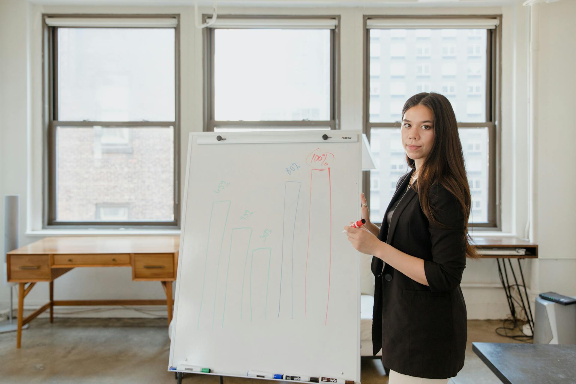 A Businesswoman Pointing at a Graph on a Whiteboard