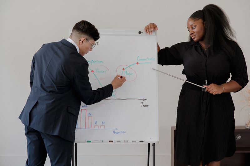 Team mapping out a process diagram together on a presentation board