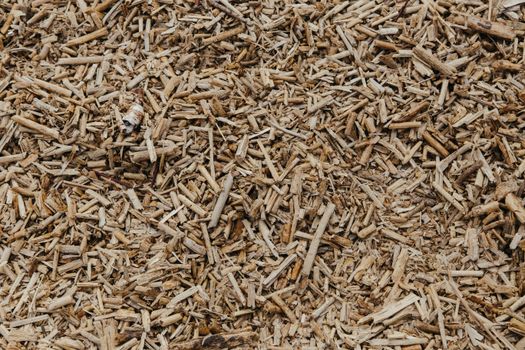 Close-up view of a textured surface of natural brown wood chips, ideal for organic and environmental themes.