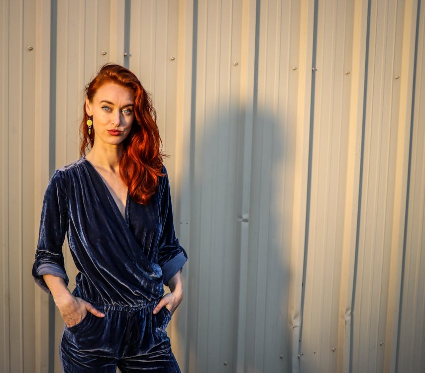 Women Wearing Blue Velvet Dress