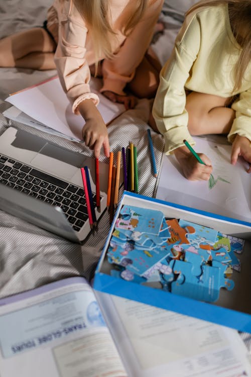 Kids Drawing with Colored Pencils