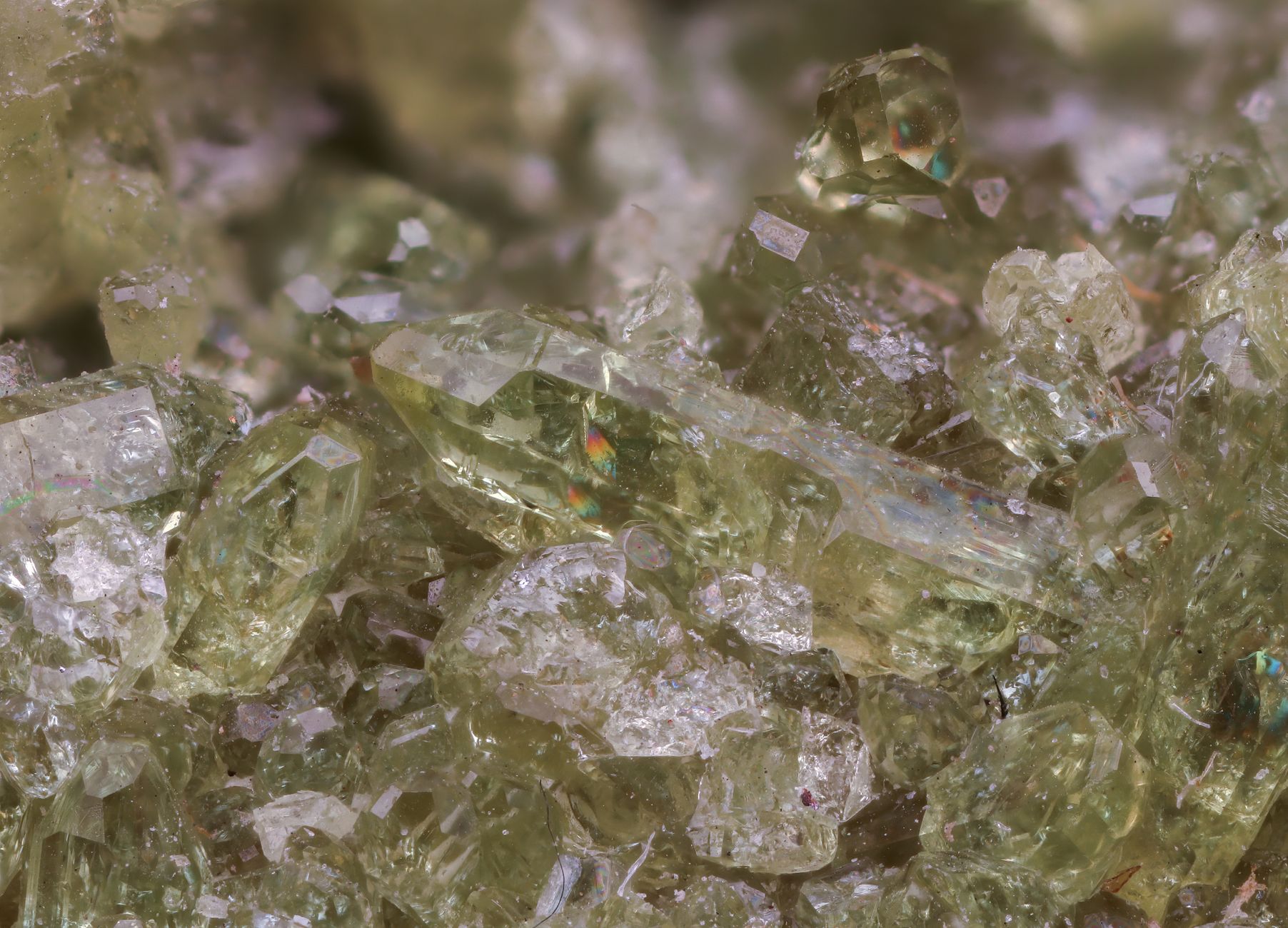 Detailed close-up of translucent green crystals and gemstones with delicate textures and shimmering effects.