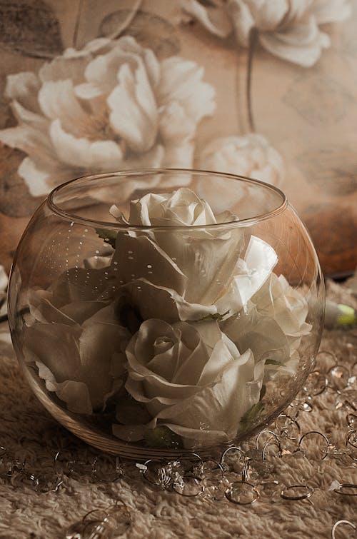 White Roses in Clear Glass Bowl