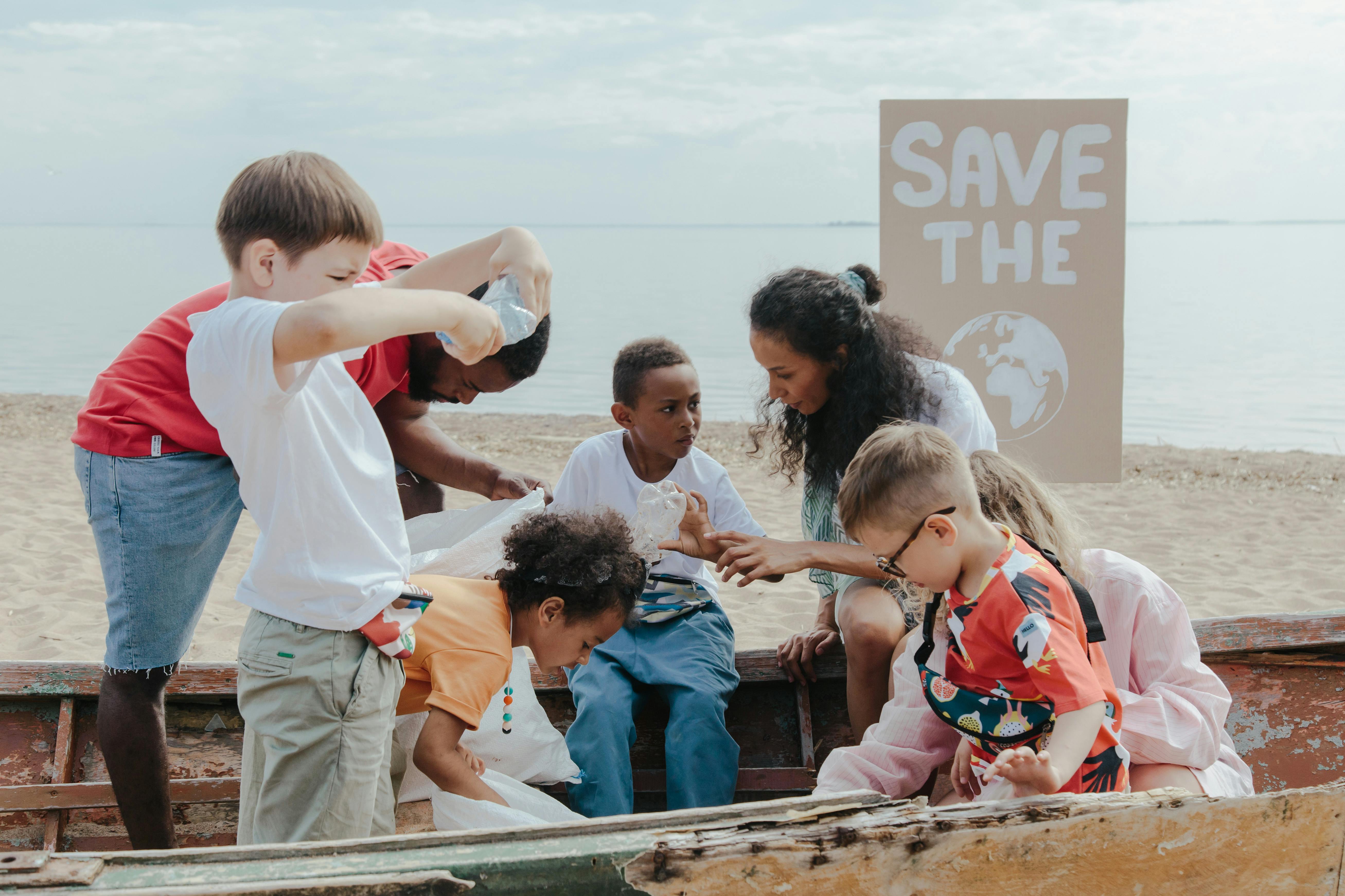 A vibrant poster promoting a campaign to save the world, featuring diverse individuals united for environmental protection.